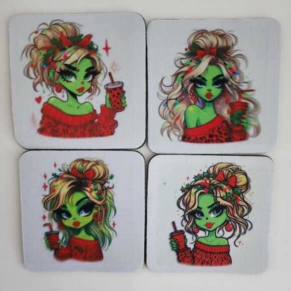 Grinch Diva 4x4 Inch Square Mat Rubber Fabric Coasters - Picture 2 of 5